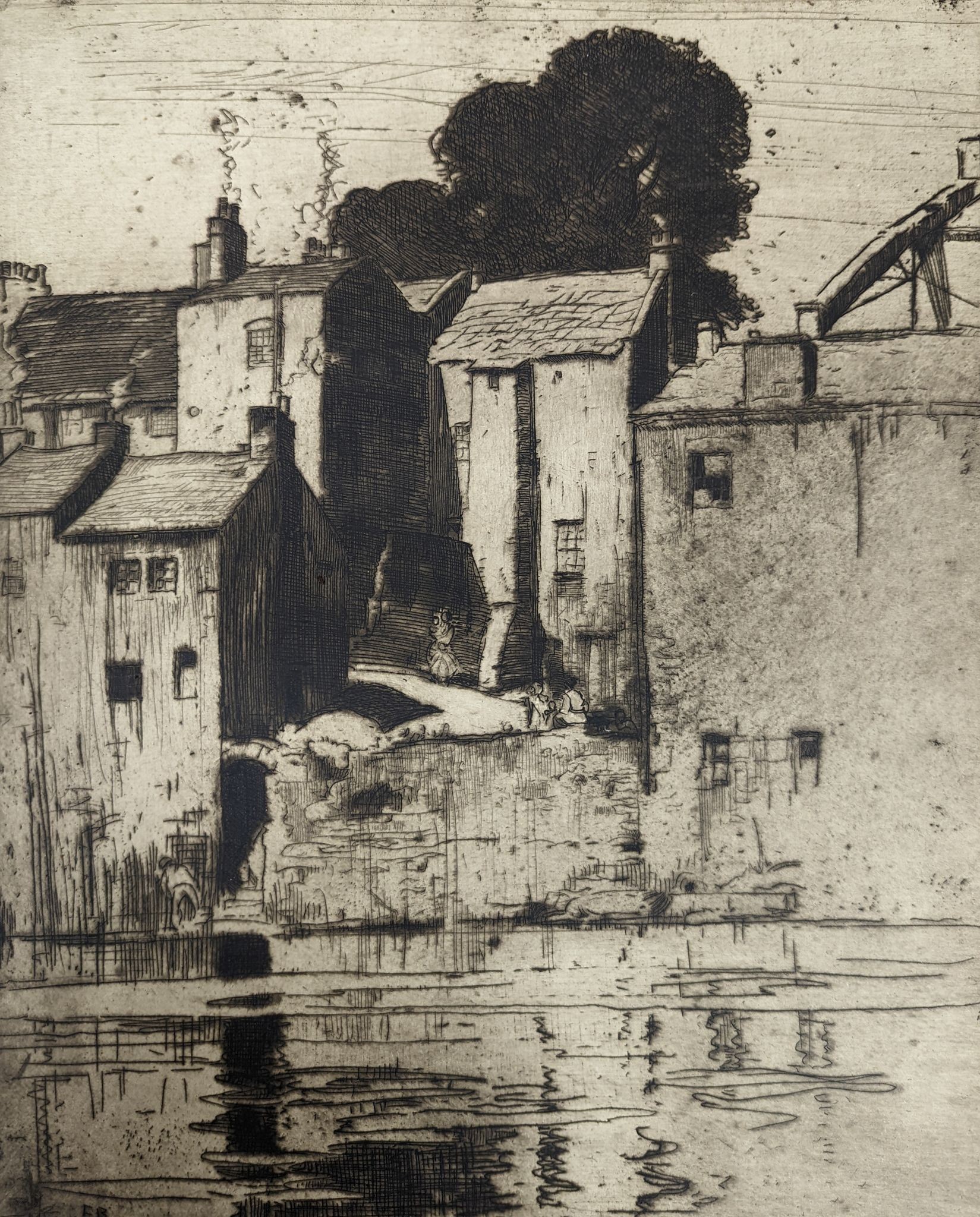 Frank Brangwyn, etching, Barnard Castle from the river Tees, initialled in the plate, 37.5 x 30cm, unframed